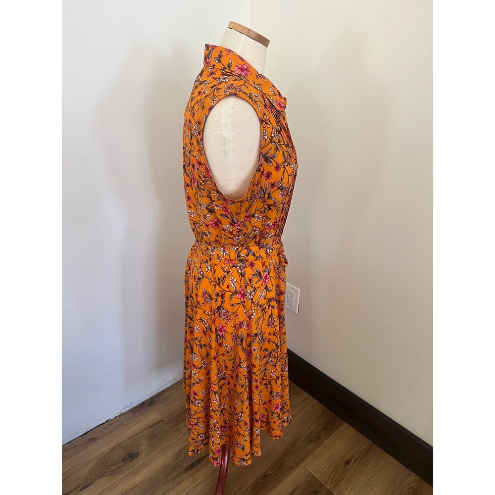Nanette Lepore Orange Floral Pintuck Sleeveless Shirt Dress Size 10 Belted Knee - Picture 4 of 10